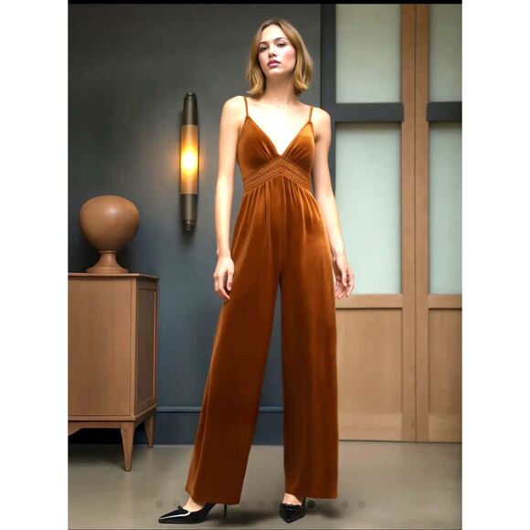 New Y2K Cider Orange Retro Boho Jumpsuit Velvet Wide Leg highwaist stretchy - Picture 7 of 7